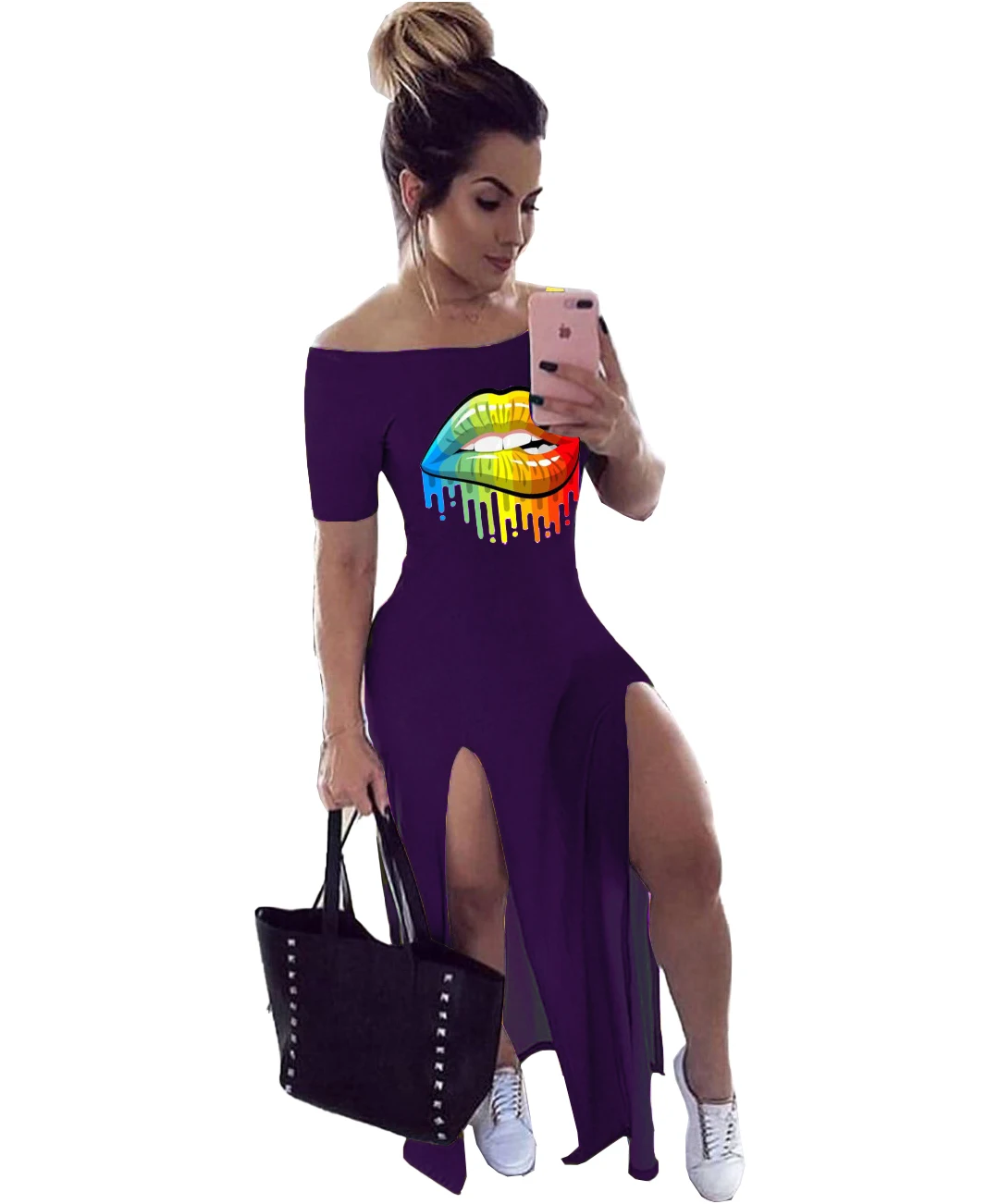 2020 Women Summer Fashion Dress Long Maxi Dress Slash Neck Mouth Print Bandage Beach Night Club Party Dresses Vestido GL5830