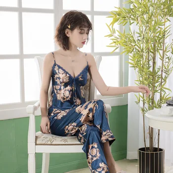 

2020 Sexy Temptation Faux Silk Nightwear Lingerie Female Fashion Printed Women's 3 Pieces Pajamas Sets Summer V-Neck Home Suit