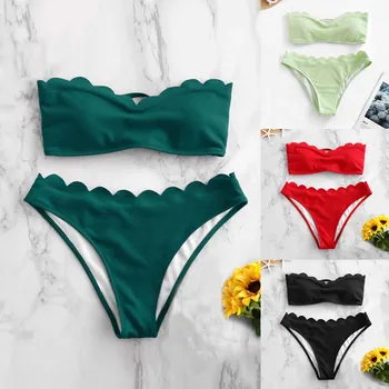 

#Z15 Sexy Women Bikini Set Solid Color Padded Swimwear Women Bathing Suit Bandeau Wave Edge Swimsuit Beachwear Biquini Bikinis