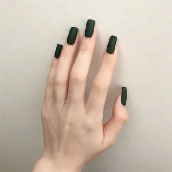 

24Pcs/box with 2g glue full cover Mid-length Square Head Deep Green Color fake Matte Nails Women Wearable acrylic press on nail