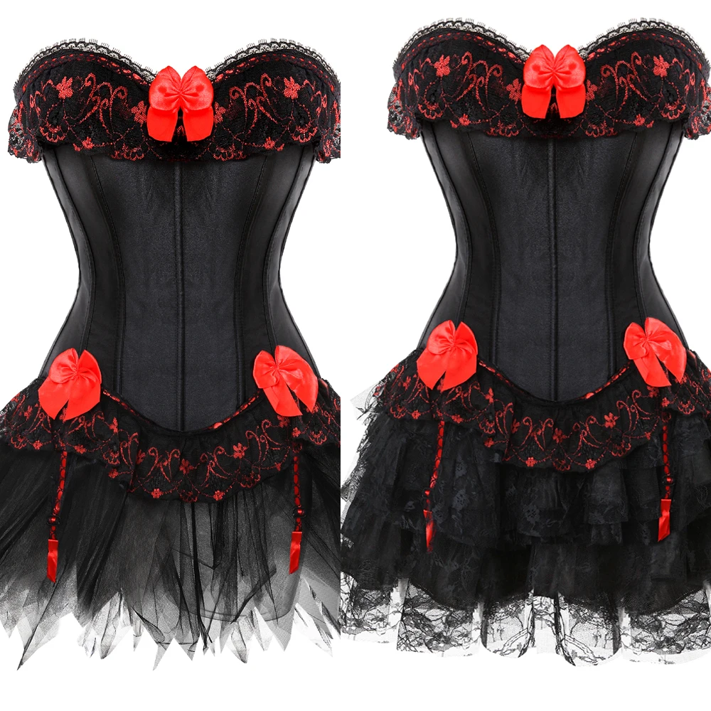 

Grebrafan Steampunk Lace Trim Corset Plus Size Zip Bustier with Tutu Petticoat Skirt Carnival Costume for Women Party Club Night