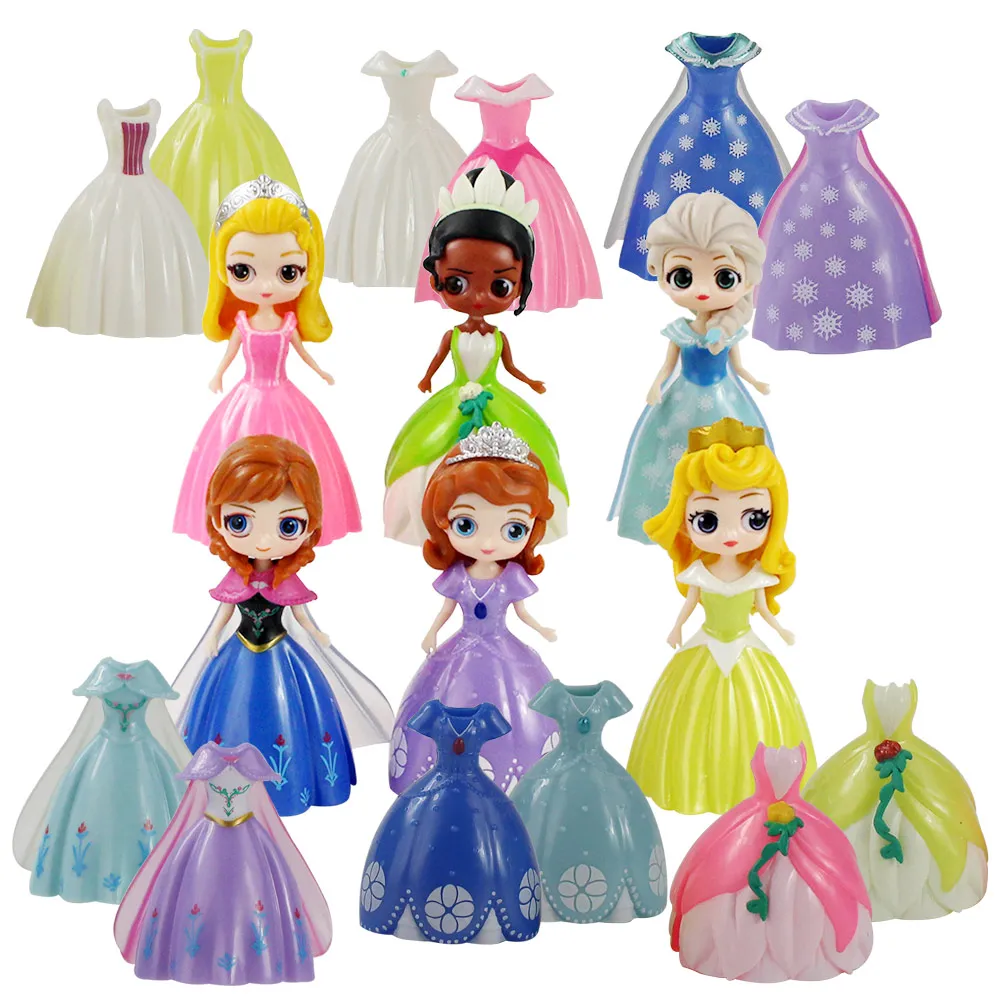

8-9cm 18pcs/set Sphoia Tiana Belle Princess Can Change Clothes Long Hair Girl PVC Action Figure Toy Model Doll Christmas gifts
