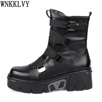 

Thick sole Martin boots women platform metal decor round toe cross belt buckle ankle botas autumn motorcycle boots for girls