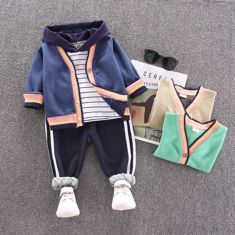 

2019 Autumn New Style Children Baby Cardigan Hooded Three-piece Set-British-Style Cardigan Suit
