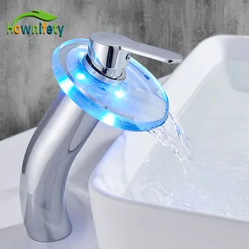 

LED Chrome Basin Sink Faucet Tall Led powered by Battery Deck Mount Modern Design Hot Cold Mixer Crane Tap