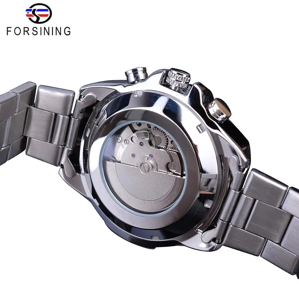 Forsining Men Fashion Mechanical Watch White Automatic 3 Sub Dial Multifunction Calendar Full Stainless Steel Belts Montre Homme