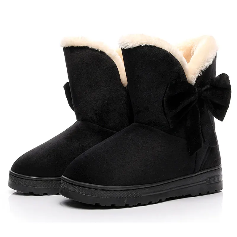 Зимние ботильоны с бантом; женские теплые ботинки на меху; плюшевая обувь для женщин; черные ботинки с бабочкой; botas mujer invierno; женская обувь - Цвет: plush-black