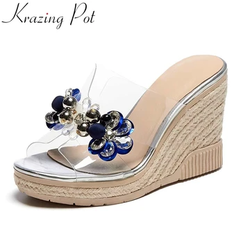 

Krazing pot outside slipper peep toe super high heels straw wedges flower rhinestone gorgeous gentlewomen leisure cozy shoes L68