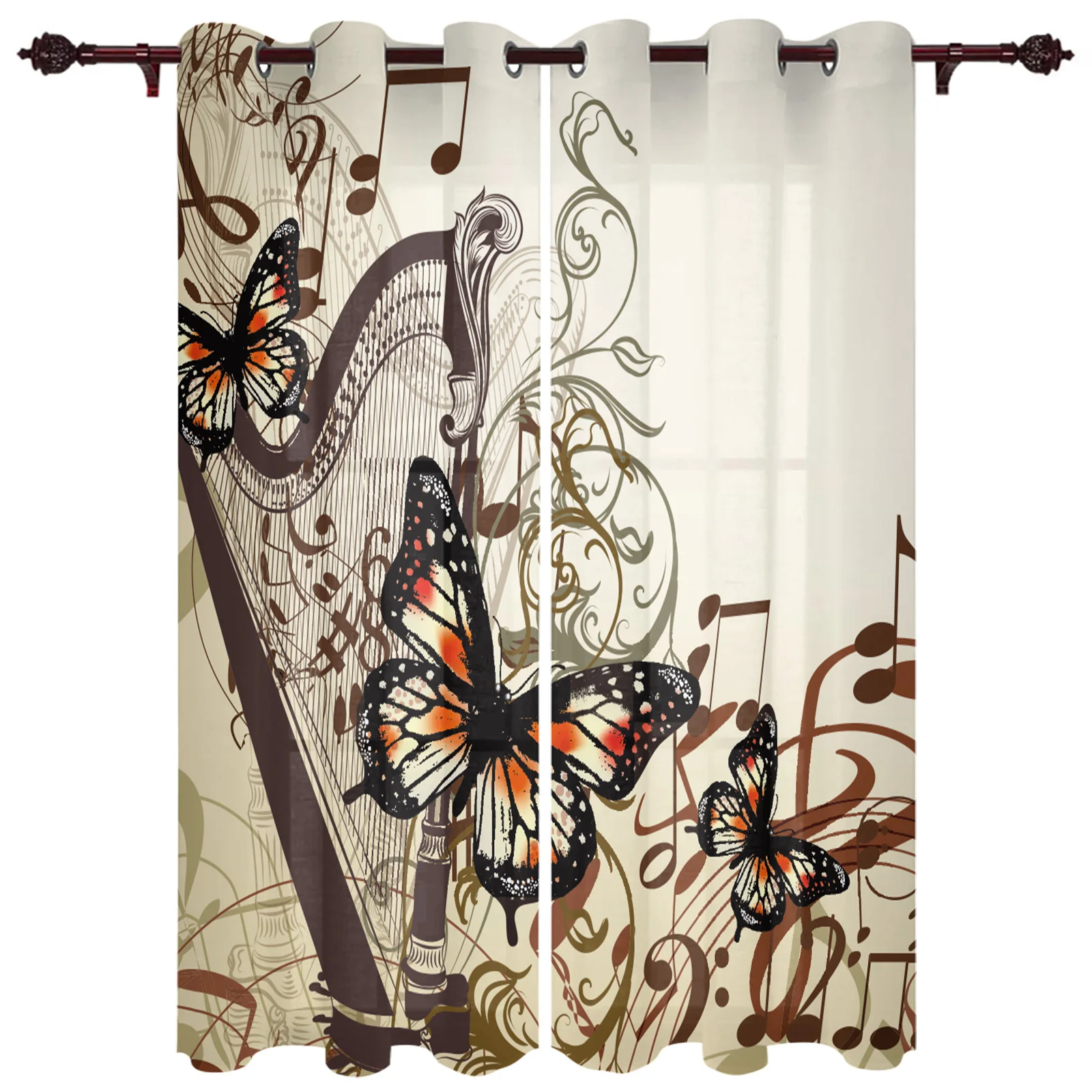 Musical Note Butterfly Harp Valance Curtains For Living Room Study