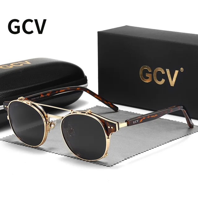 משקפי שמש עם עדשות נשלפות בשכבה כפולה GCV, משקפי בלו-ריי אצטט גותיות רטרו סטימפאנק פולאריות לגברים ונשים 1