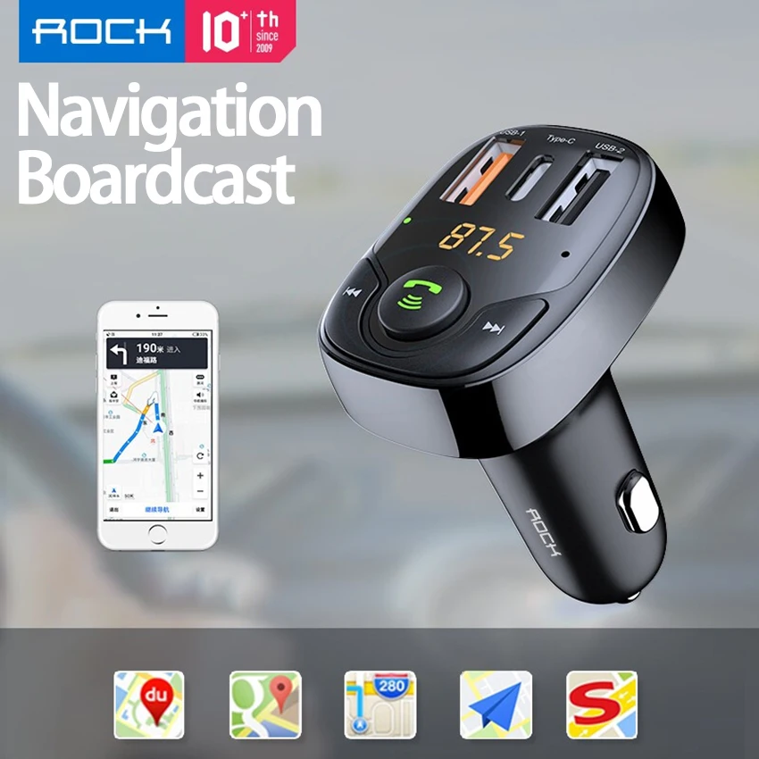 Автомобильное зарядное устройство ROCK USB C быстрая зарядка 3 порта Bluetooth FM