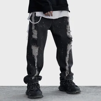 

Jeans Broken Hole Denim Pant For Men Casual Cool Retro Baggy Fashion High Street All-match Advanced Hip Hop Style Jeans