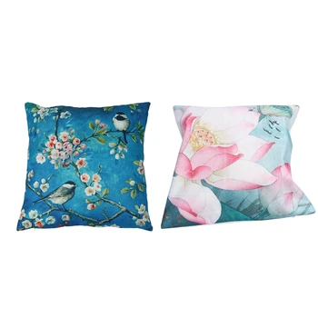 

Lotus Leaf Pattern Linen Throw Pillow Case Cushion Cover 18 x 18 Inch & Hand Painted Oil Painting Cherry Blossom Branch Bird Pil