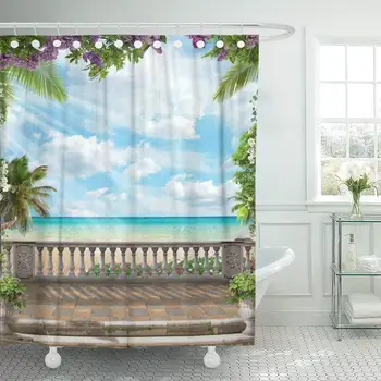 

Fabric Shower Curtain Curtains with Hooks Blue Coast Paradise Under The Palms Green Holiday Island Lagoon Maldives Nobody Ocean