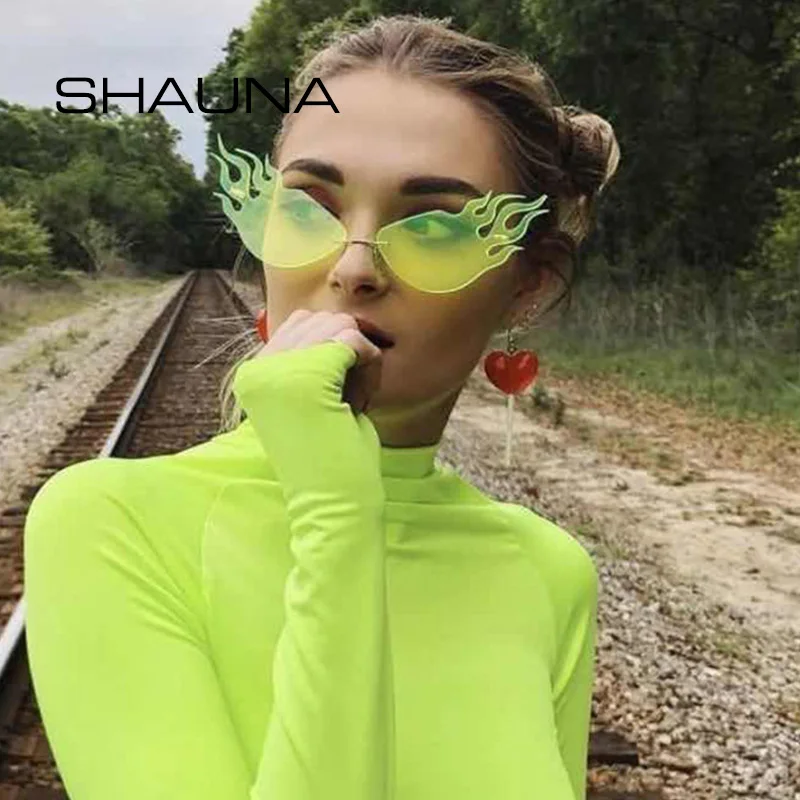 

SHAUNA Fashion Fire Sunglasses Women Brand Designer Neon Green Ocean Film Rimless Shades UV400