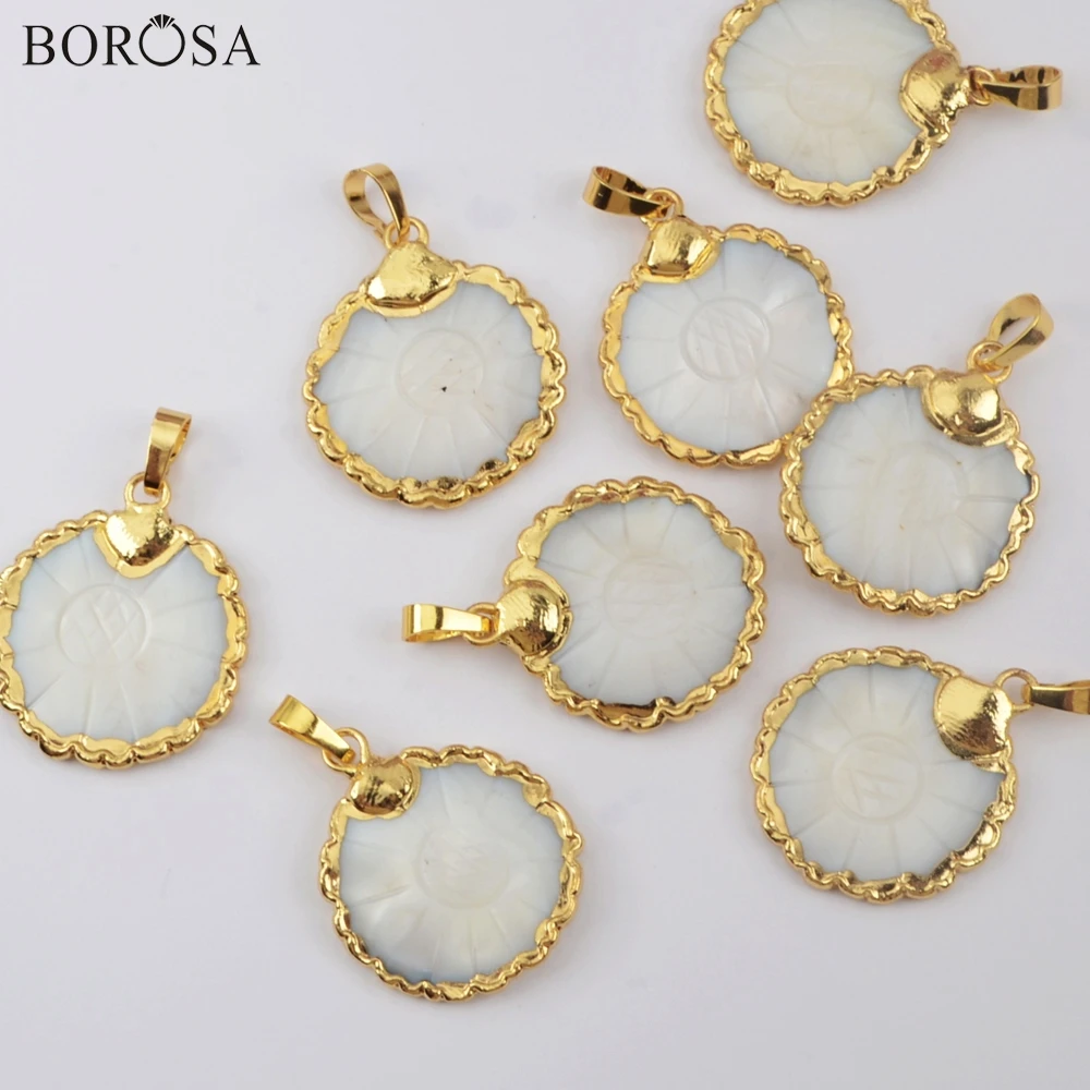 

BOROSA 10Pcs Shell Pendant Gold Plating Round Natural Shell Pendant Jewelry Hand Carved Beads for Women Earring Making G1905