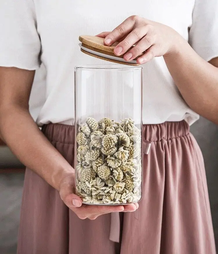 1X Storage Tank Food Container Bamboo Covered High Borosilicate Food Sealed Glass Tank Kitchen Miscellaneous Grain Organizer 2