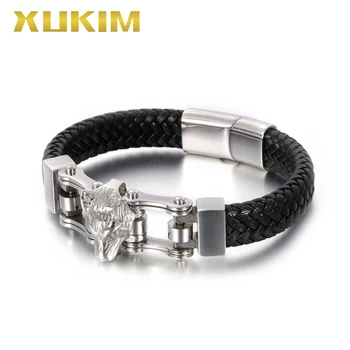 

XB401-2 Xukim Jewelry Black Leather Bracelet Lion Animal Wolf Fox Bracelet Bangle