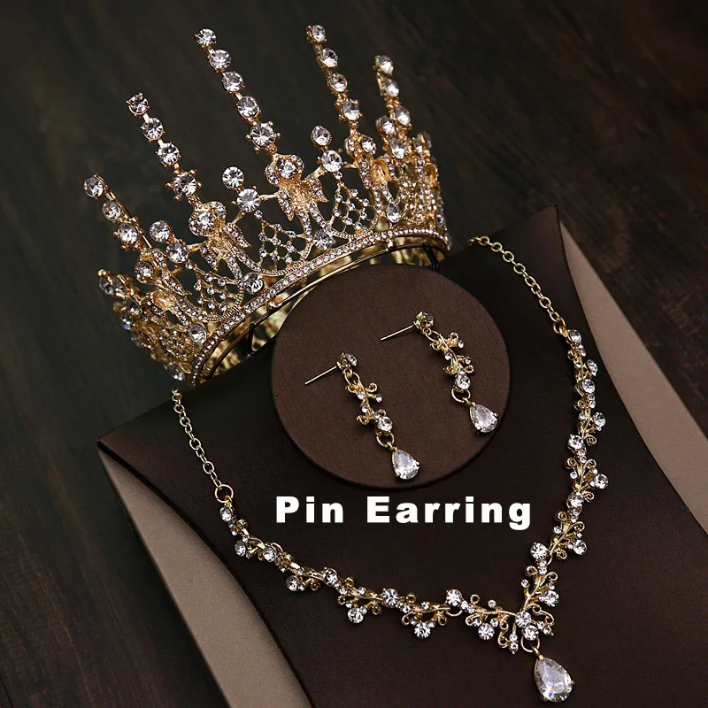 Свадебные комплекты ювелирных изделий барокко круглый набор с тиарой полный круг Корона Ожерелье Серьги Королева Принцесса пышный день рождения корона ребенок - Окраска металла: Gold Crown Set Pin