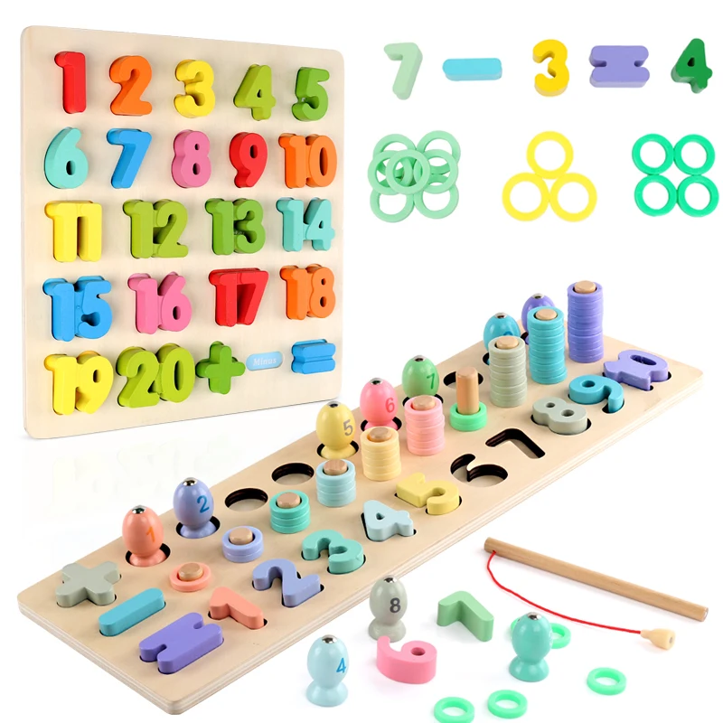 Montessori Jigsaw Wooden Puzzles Baby Developmental Educational Math Puzzles Fishing Toys Digital Shape Match Toys For Children kids playset developmental toys fruit magnetic apple catch insects game children