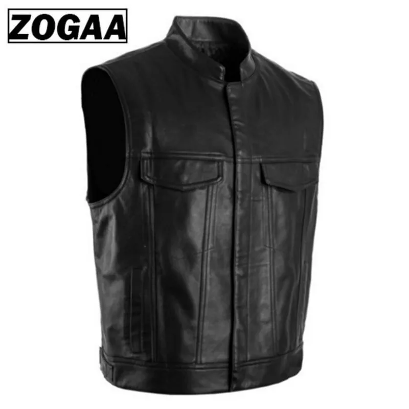 ZOGGA Men Vest Black Biker Motorcycle Hip Hop Waistcoat Male Faux Leather Punk Solid Black Spring Sleeveless Leather Vest