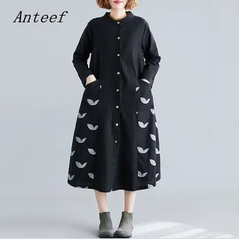 

long sleeve cotton linen plus size vintage women casual loose spring autumn shirt dress elegant clothes 2020 ladies dresses