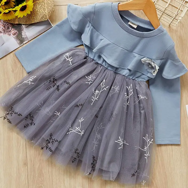 Новое платье для маленьких девочек осенние платья принцессы в полоску с бантом и длинными рукавами для девочек, детское платье весенние платья, 2 От 5 до 6 лет - Цвет: ax1127  gray blue