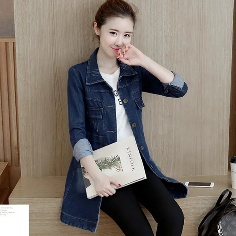 5XL Women Denim Jacket Spring Autumn Mid-Length Loose Long Sleeved Jackets Windbreaker Female Long Denim Coat 472
