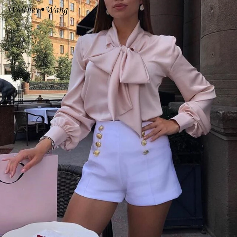 

WHITNEY WANG Blouses Woman 2019 Autumn Fashion Elegant Bow Satin Blouse Women Blusas Office Lady Shirt Tops