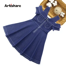 Летнее платье для девочек джинсовое платье с открытыми плечами для девочек, новые джинсы вечерние платья Одежда для девочек-подростков 6, 8, 10, 12, 14 лет