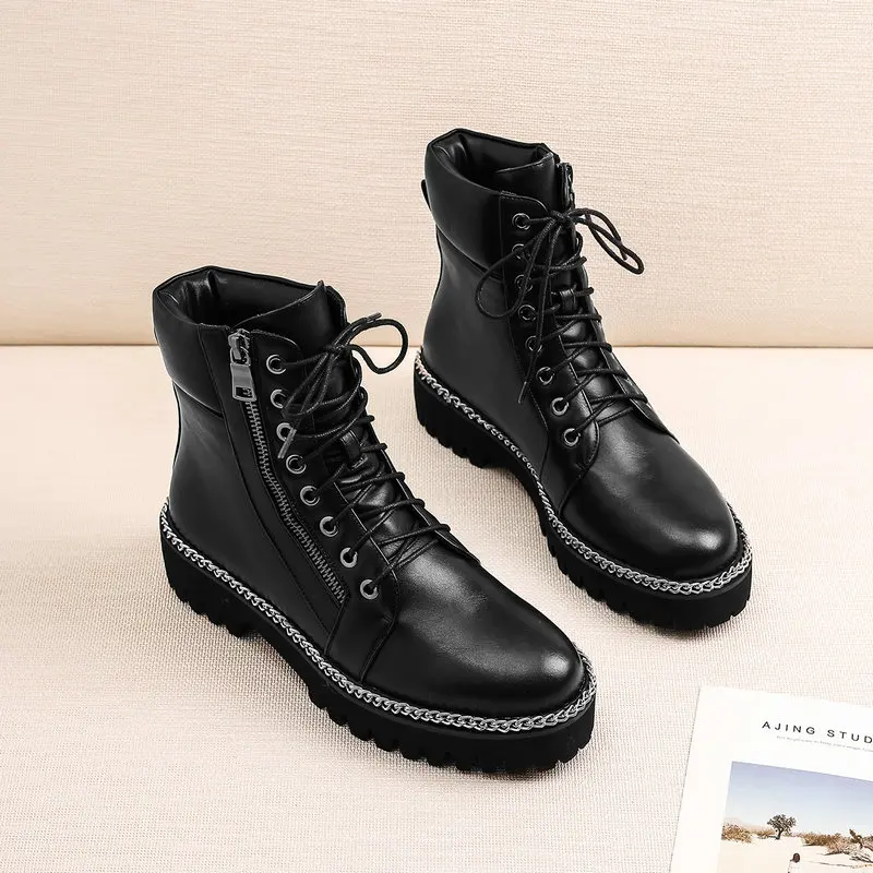 Black Pu Модные ботильоны черного цвета с цепочкой женские ботинки из искусственной кожи на плоской подошве осенне-зимние Ботинки martin с боковой молнией женская обувь - Цвет: Black Pu