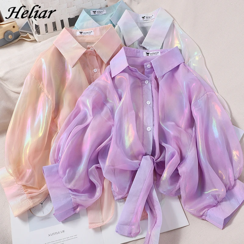 Blouse Shirt Buttons Half-Sleeve Transparent Spring Women Shining HELIAR Chiffon 