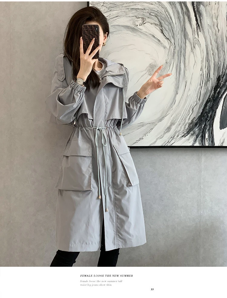 New 2021 Spring Autumn Long Trench Coat Women Loose Hooded Overcoat Female Adjustable Waist Outerwear Korean Fashion Windbreaker puffer coat with fur hood