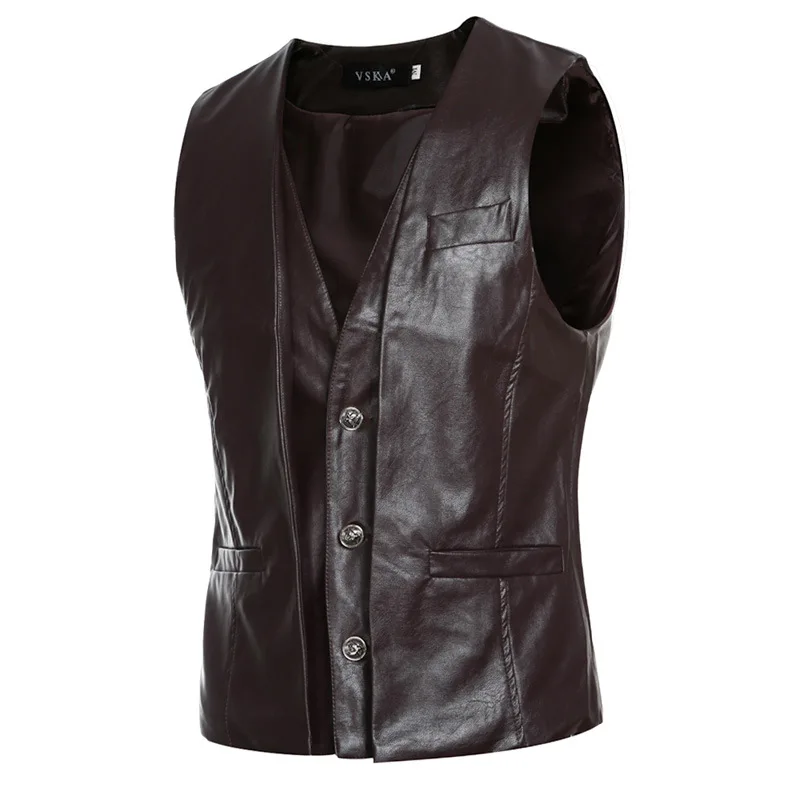 Men's Vest Retro Two-piece Design Male Casual Slim Leather Vest Fashion Sleeveless Jacket Coat For Men