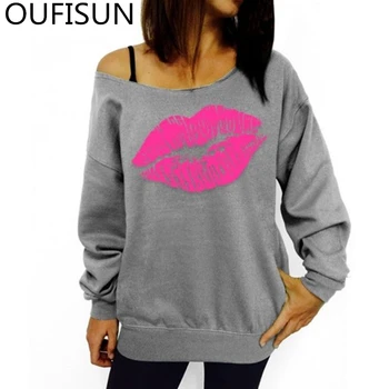 

Oufisun Autumn Long Sleeve Solid Loose Sweatshirts Pullover Sexy Slash Neck Mouth Print Sweatshirt Casual One Shoulder Women Top