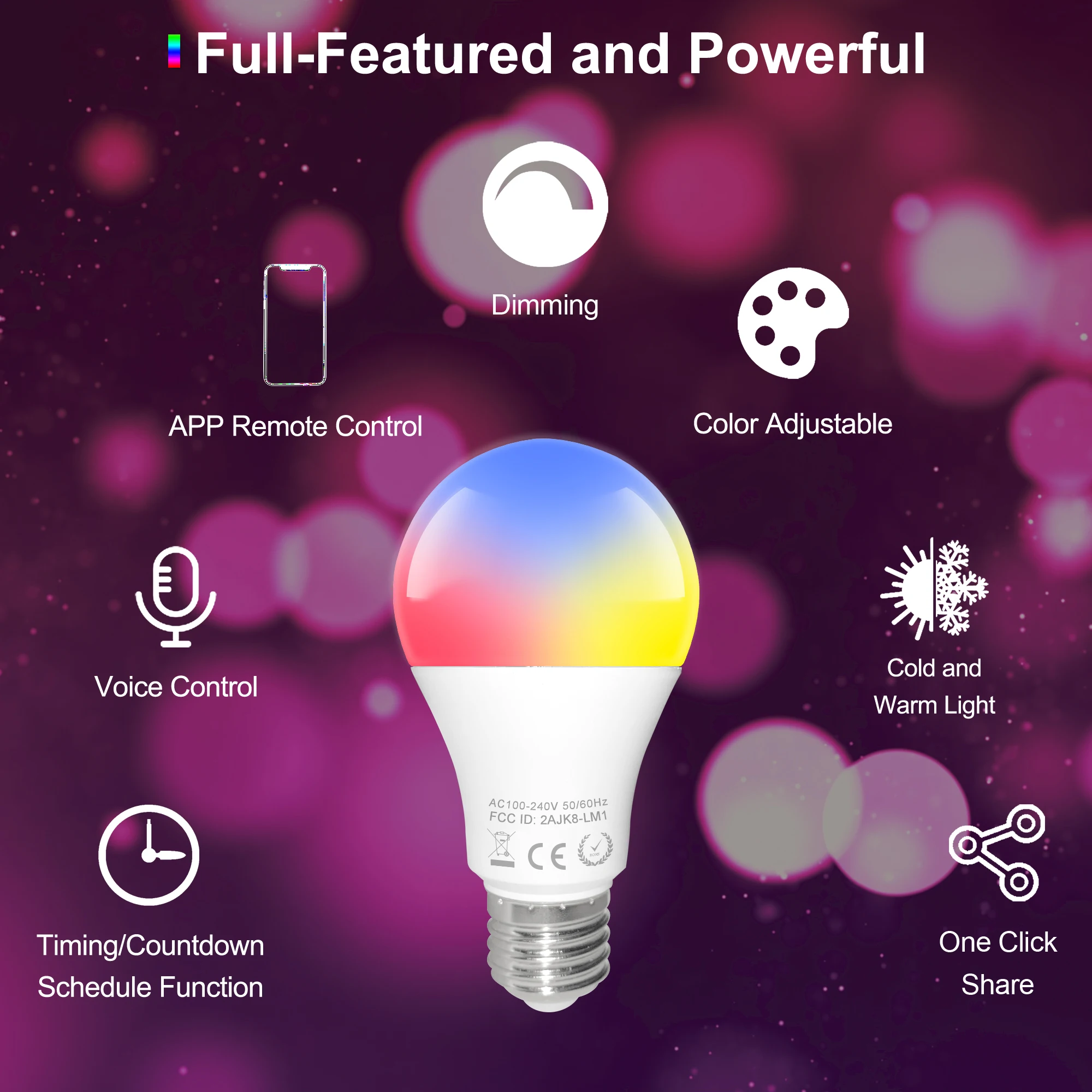 LB120, Ampoule LED connectée Wi-Fi - Commande vocale Google Home /   Alexa - Choix nuances de la lumière blanche et intensité variable - 800  lumens (equiv. 60W) - E27