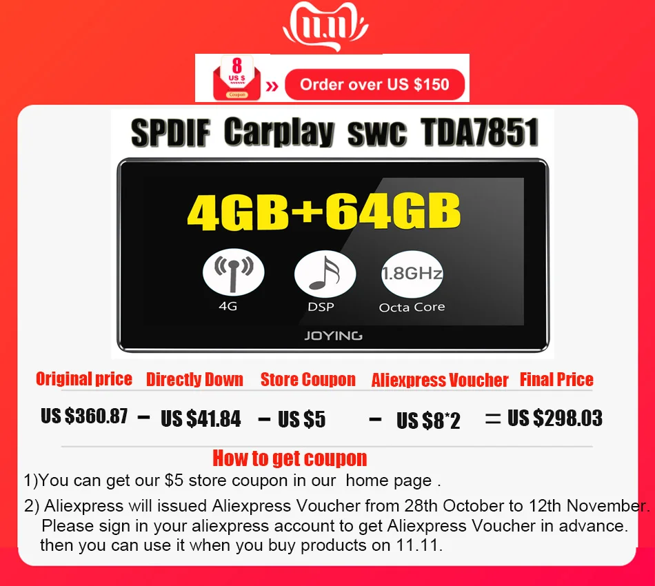 Clearance 8.8"Joying Android Universal Car Radio Stereo Octa Core Head Unit Multimedia Navi MP5 Payer Support Zlink Sim Card Bluetooth TV 0