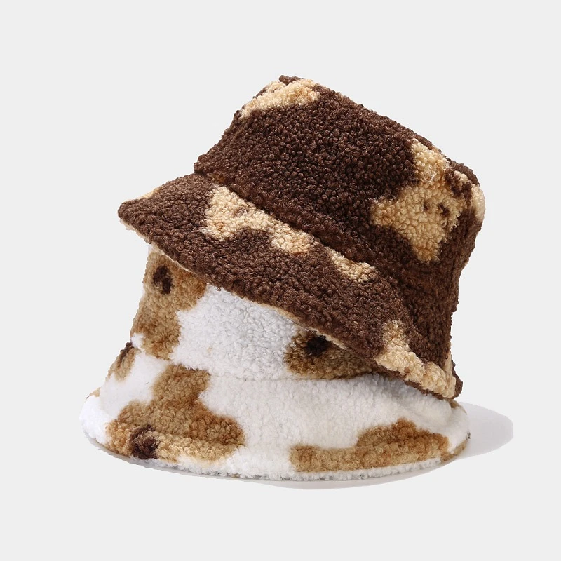 north face bucket hat Hat Female Autumn Winter Cute Bear Design Thickened Warm Bob Hat Fashionable Outdoor Lamb Wool Fisherman Hat Womens Hats black bucket hat