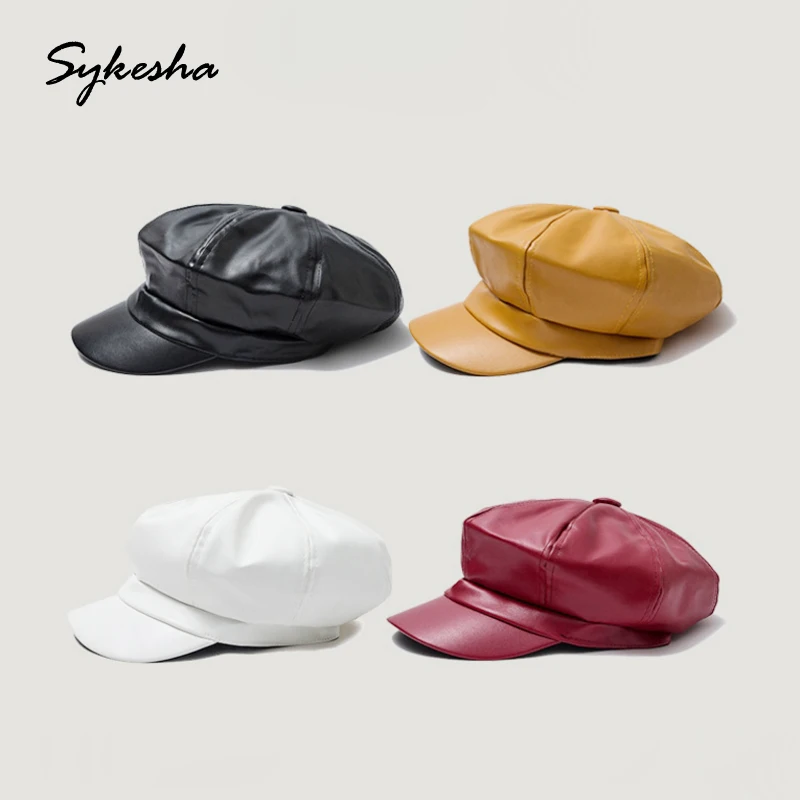 

2019 Cortical Octagonal Hat Female Autumn British Tidal Japanese Korean Autumn Winter Fashionable Fake Leather Duck Beret Cap