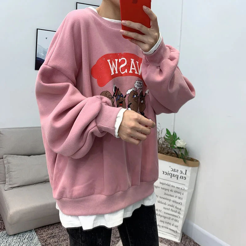 New Korean version of the cartoon print fleece round neck female fake two-piece headcoat