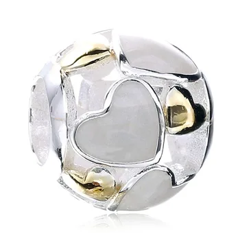 

New 925 Sterling Silver Bead Charm Mother-Of-Pearl & Gold Color Luminous Hearts Beads Fit Pandora Bracelet Bangle DIY Jewelry