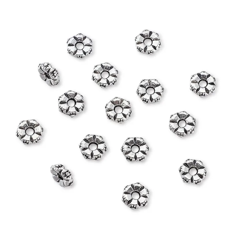 

100 pcs Tibetan Style Flower Bead Spacers, Lead Free & Nickel Free & Cadmium Free,about 5.5mm in diameter,2mm thick,hole:1mm F75