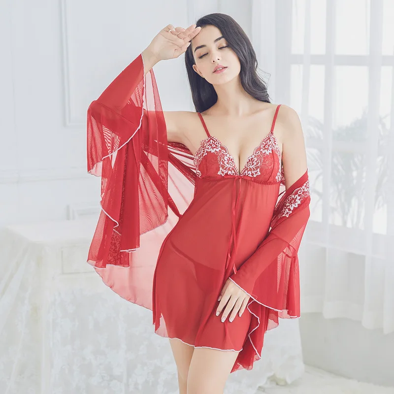 

2020 Freeshippingpromotion Flare Sleeves High-grade Mesh Sexy Pajamas Women Three-piece Lace Lace Sexy Suit
