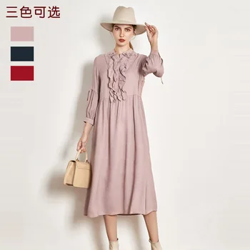 

red real silk dresses women natural silk 2019 high quality girls work dress loose elegant plus size long sleeve free ship