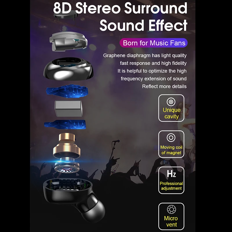 Earphone Bluetooth Wireless Headphone with Microphone Sport Game Truly in Ear Headset Tws 8D Stereo Waterproof Noise Canceling