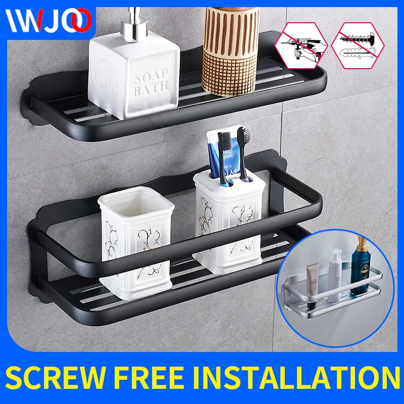 

Bathroom shelf black screw less installation corner storage rack bathroom accessories wall mounted shower shampoo storage basket