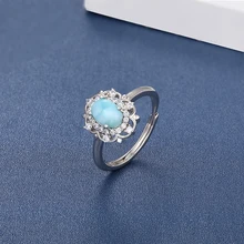Nowy Trend 925 Sterling Silver Natural Larimar pierścień dla kobiet geometria wzór kwiatowy klasyczny prosty kobiet cyrkon biżuteria randki