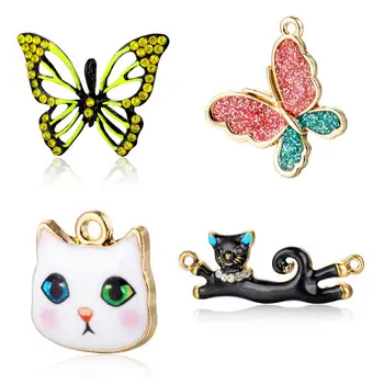 

5pcs/lot DIY Cat Rhinestone Butterfly Enamel Charm Pendants Wholesale Trendy Jewelry Pendant Accessories