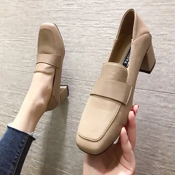 

2020 New Retro Casual Shoes Woman Spring Autumn Thick High Heels Square Toe Women Shoes Solid Leather Slip on Ladies Shoes Pumps