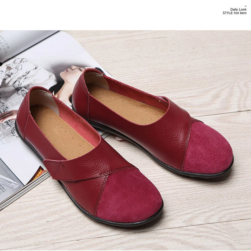 Woman's Flats Loafers Shoes Soft Genuine Leather Casual Shoes Big Size 35-44 Mocassin Boat for Women Hook Loop de mujer women shoes women flats casual shoes